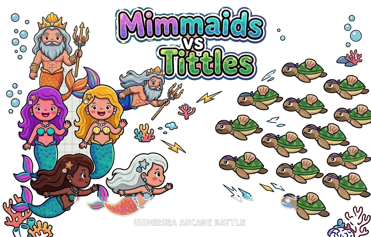 Mimmaids vs Tittles: four mimmaids and King Triton facing a swarm of tittles